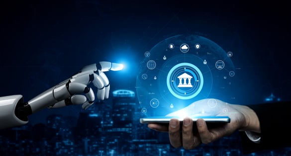 Robot hand and business hand over a phone with a bank icon, representing AI in financial services.