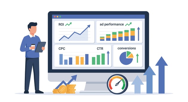 Marketing performance dashboard showing ROI, CTR, and conversions driven by AI analytics.