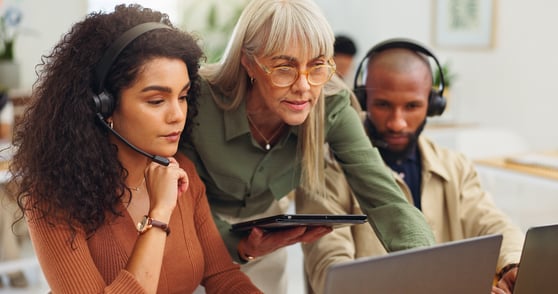 Call center, mentor and team with headset, laptop and advice for lead generation.