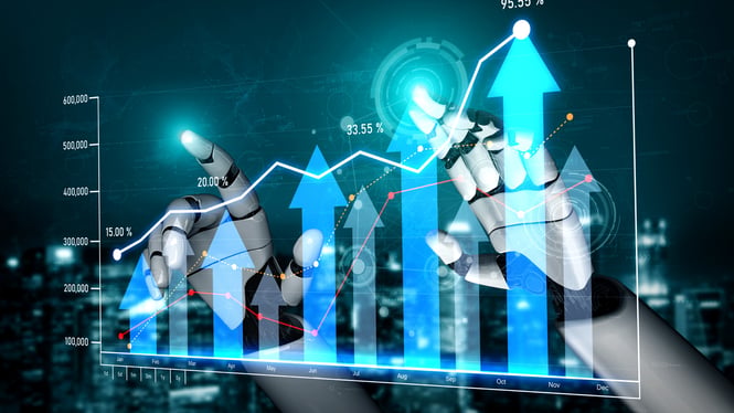 Robotic hands interacting with financial growth charts and AI-powered market analytics.