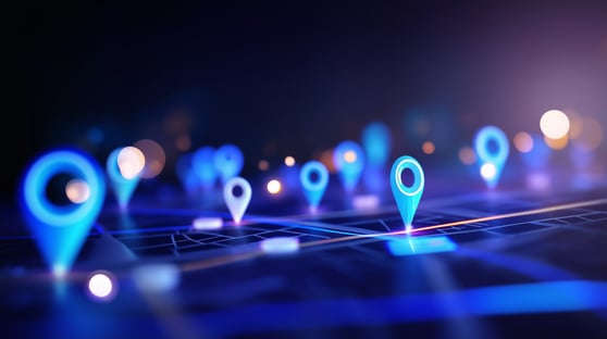 Local map with glowing pins, search symbols and business listing icons