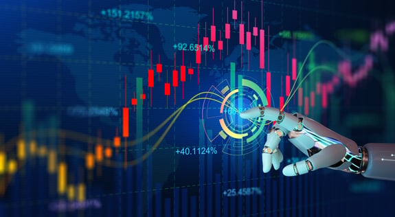 Robot hand pointing at stock charts and data overlays, symbolizing AI-driven market analysis and forecasting.