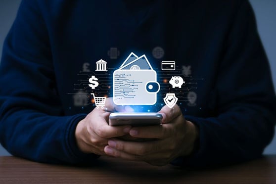 Person using mobile phone with digital wallet icons representing AI for banking and financial technology solutions.