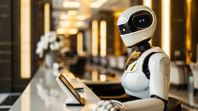 AI robot concierge assisting with guest check-in at a modern hotel reception desk.