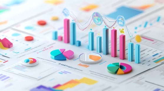 Colorful data visualization with graphs and charts representing AI-powered lead generation insights.