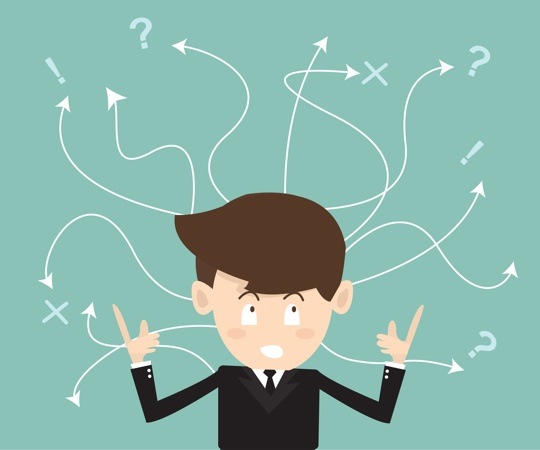 Graphic of a confused-looking man with lots of arrows floating around his head.