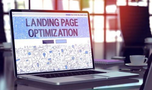 Optimizing your landing page for lead generation shown on laptop screen with marketing visuals.