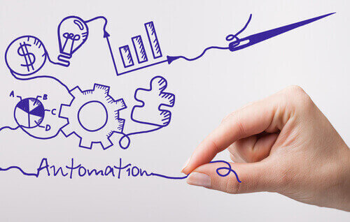 Marketing Automation written in blue ink, with icons and a hand pulling at an ink thread.