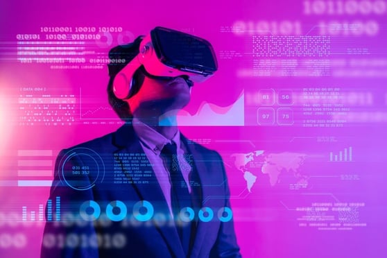 Person in a suit standing with a headset, in a purple background with reports and graphics floating around him.