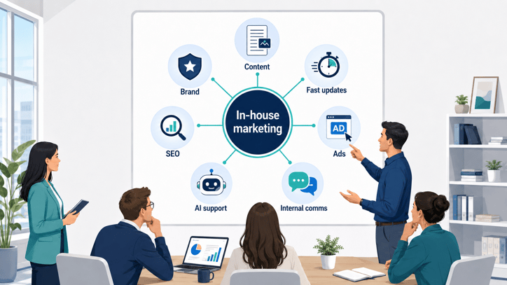 In-house marketing team reviewing content, SEO, ads and brand tasks on a strategy board.