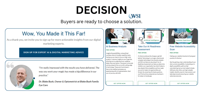 Decision stage with signup offer, AI analysis, readiness assessment, accessibility scan, and testimonial.