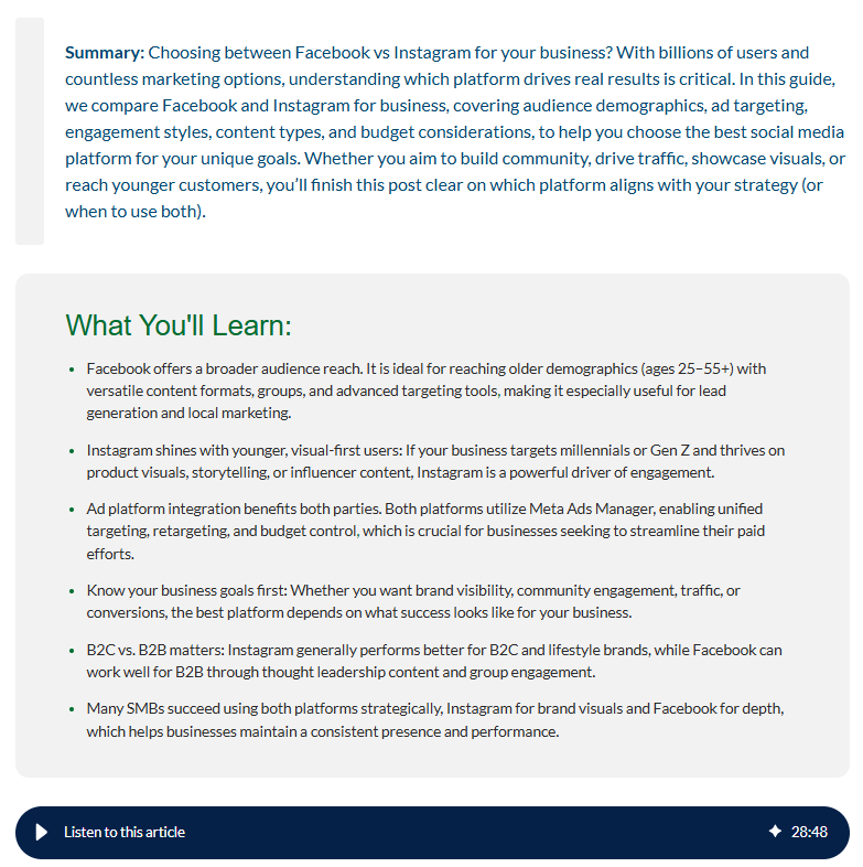 Content layout showing summary at the top followed by key takeaways.