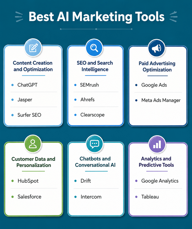Best AI marketing tools for content, SEO, paid ads, chatbots, analytics, and personalization.