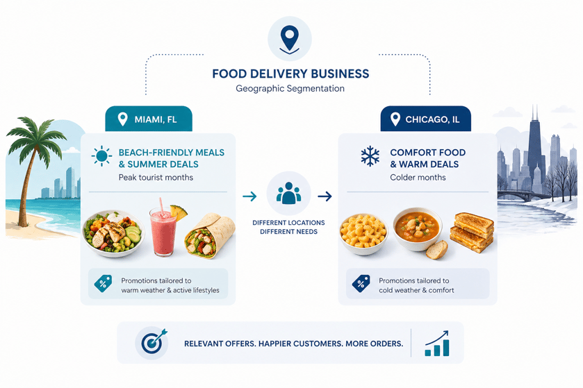 Geographic segmentation example for food delivery with location-based offers and promotions.
