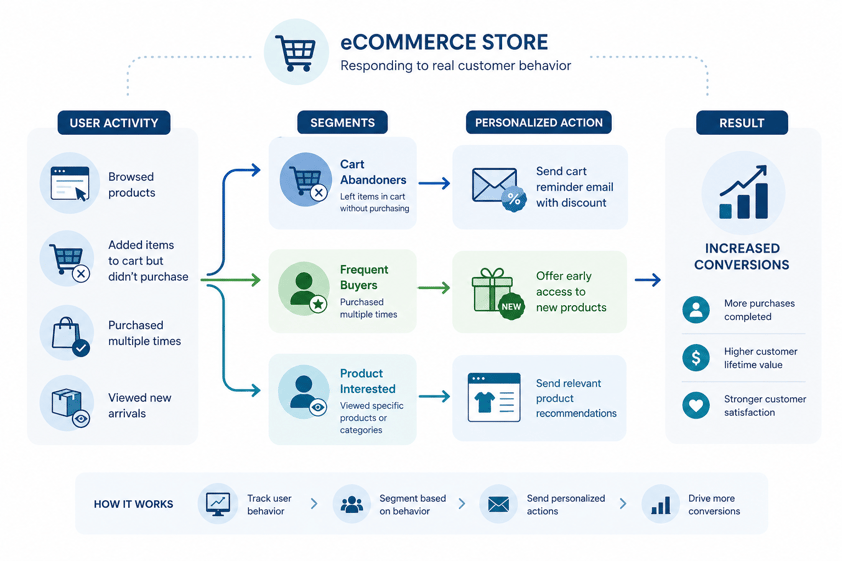 eCommerce behavioral segmentation driving personalized actions and increased conversions.