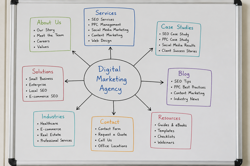 Whiteboard sitemap for a digital marketing agency website with service and resource sections.