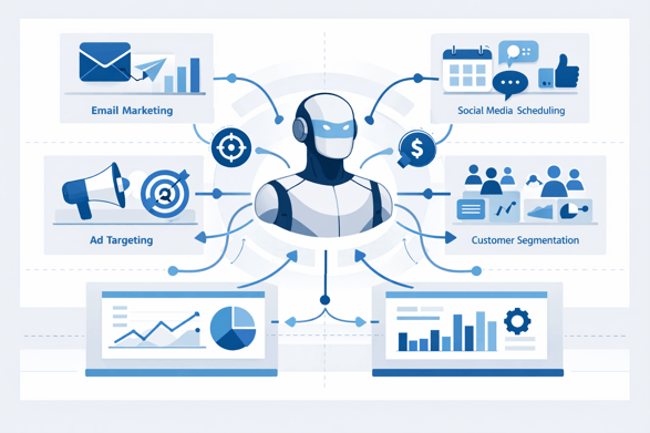 AI automating marketing tasks like email, ads, social media, and customer segmentation.