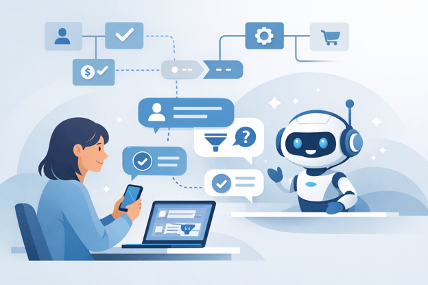 AI chatbot assisting customer interactions and guiding users through marketing funnels.