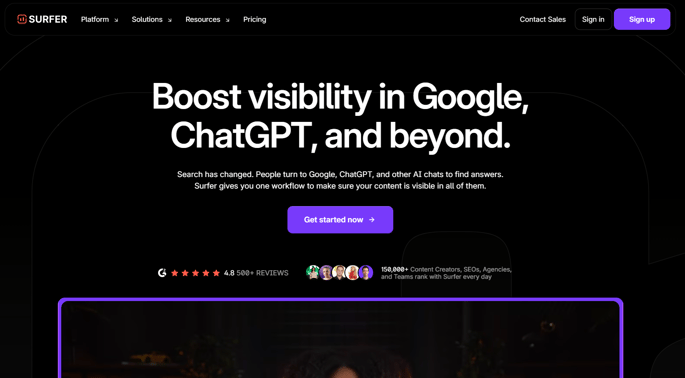 AI SEO platform interface showing content optimization for Google and AI-driven search visibility.