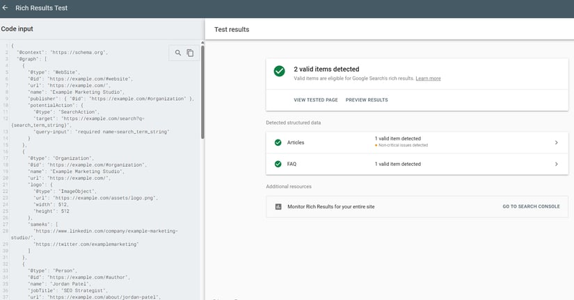 Google Rich Results Test showing valid Article and FAQ structured data detection results.