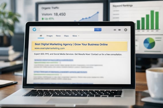 Google search ad for a digital marketing agency highlighting PPC, SEO, and traffic growth results.