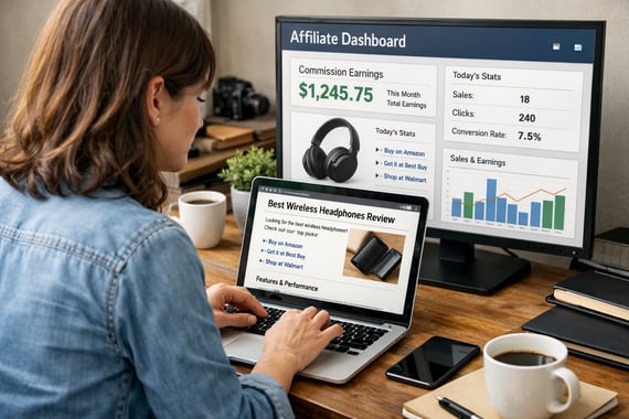 Affiliate marketing dashboard tracking commissions, sales, and conversion performance metrics.