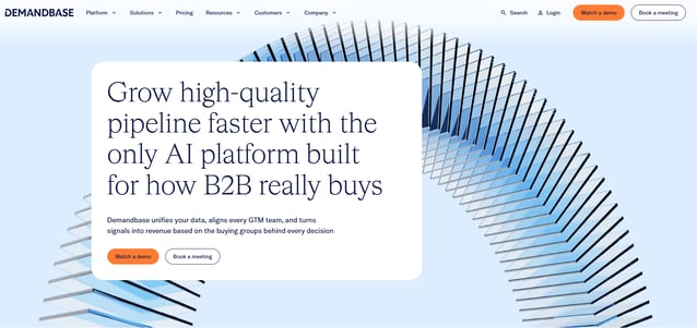 Demandbase ABM platform homepage promoting AI-powered B2B buying insights and pipeline growth.