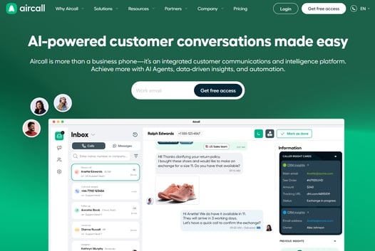 Aircall AI-powered customer communication platform with inbox view and conversation insights.