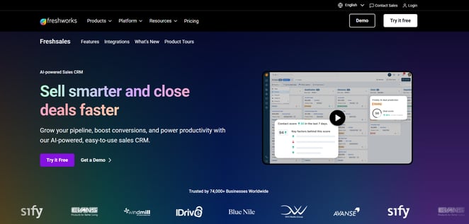 Freshsales AI-powered CRM page promoting smarter selling with pipeline, insights, and productivity tools.