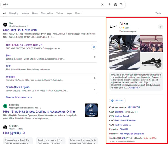 Google zero click search example with Nike's knowledge panel showing key business information.