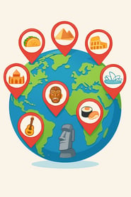 Globe with location pins of cultural icons and foods, representing ecommerce trends in hyper-localization.