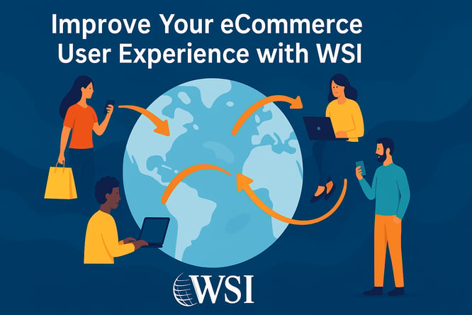 Graphic showing people around a globe using devices, highlighting how WSI helps improve global eCommerce user experience.