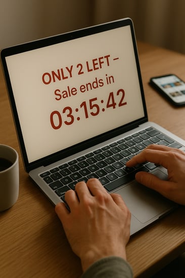 Laptop showing sale countdown and urgency messaging, an example of FOMO in seasonal marketing strategies.